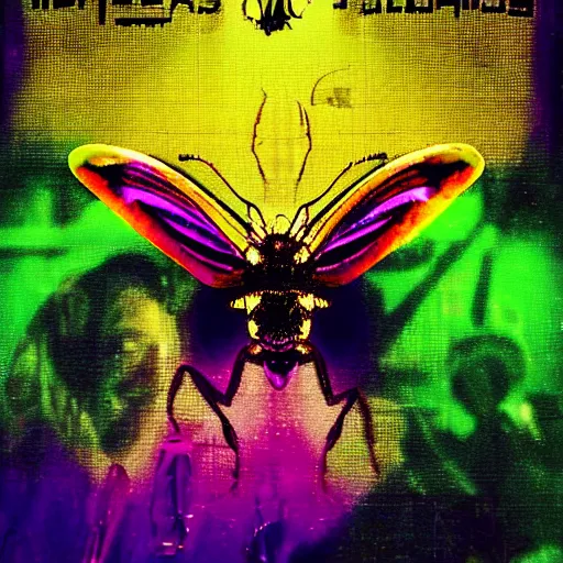 Image similar to plague of insects insect plague 🪰🪰🪰🪰🪰🪰🪰🪰🪰🪰🪰🪰🪰 bugs psychoactive 🪰. Silence of the lambs movie poster. radioactive. pixel glitching. cool hack cyberpunk. 🪰🪰🪰🪰🪰. psychadelic rainbow colors. superglitch. wallhack