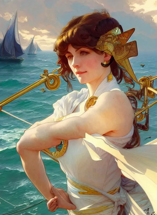 Image similar to sailor on its boat, fantasy, highly detailed, digital painting, artstation, concept art, wallpaper, smooth, sharp focus, illustration, art by artgerm and greg rutkowski and alphonse mucha