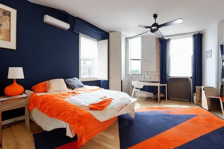Image similar to an apartment with a small bed, big desk, two wooden wardrobes, a little wodden side table, a window, desk fan, table light, and an old TV, navy blue carpet, and a ceiling fan gives off a dim orange light