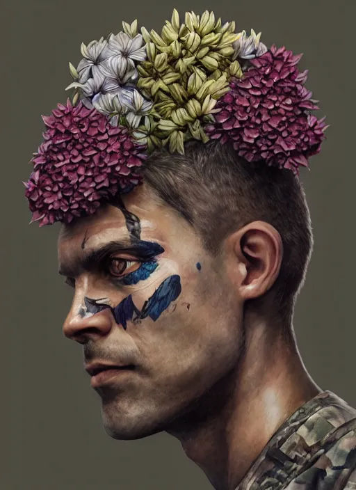 Prompt: handmade character portrait of a serious american soldier man, flowers growing on his face and body, amaratyllis, hydrangea, chrysanthemum, hyacinth, in the style of artgerm and enki bilal and bastien lecouffe - deharme, wlop, line art, watercolor, cinematic lighting, hyperdetailed, hyperrealistic