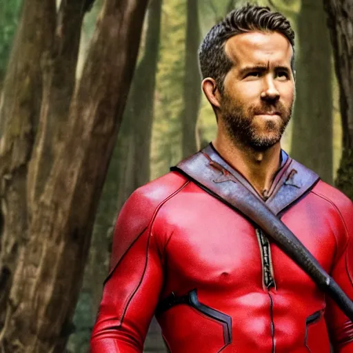 Prompt: Ryan Reynolds wearing a red suit and holding a long sword in the middle of a detailed ancient forest, art, 8k,