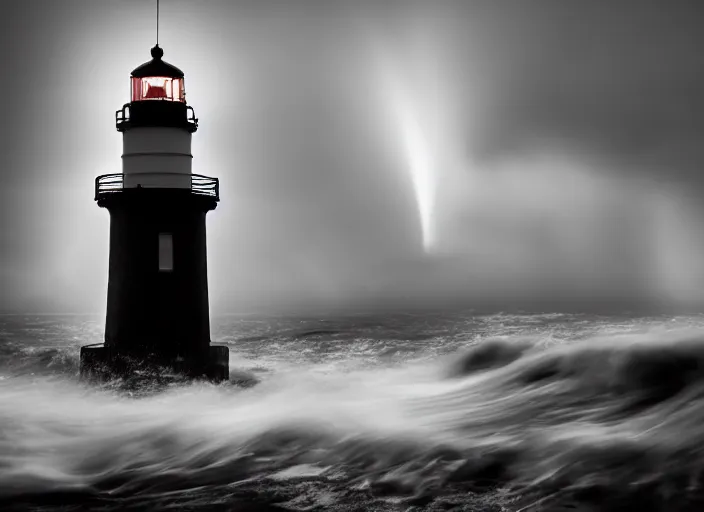 Image similar to a photo of a lighthouse in a storm at night. lonely, churning waves, splashing on lighthouse. warm lighting, long exposure