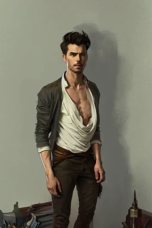 Prompt: full body portrait of a single beautiful young fit man, modern haircut, open shirt, large pants, by greg rutkowski and alphonse mucha, d & d character, in front of a modern room background, highly detailed portrait, digital painting, artstation, concept art, smooth, sharp focus ilustration, artstation hq