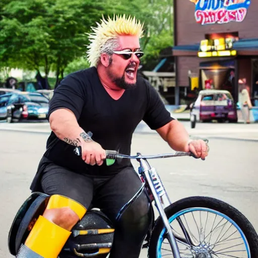 Prompt: guy fieri riding unicycle eating hot dog