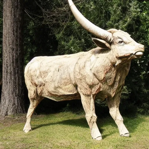 Prompt: minotaur statue madewith taxidermy techniques