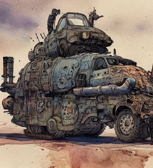 Image similar to a 3 / 4 view watercolor ink painting of a post - apocalyptic mad max / fallout style tank in the style of jean giraud in the style of moebius trending on artstation deviantart pinterest detailed realistic hd 8 k high resolution