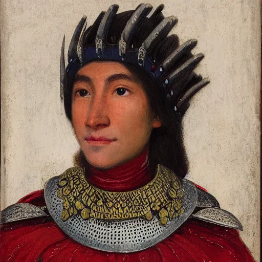 Prompt: head and shoulders portrait of a female knight, quechua!, cuirass, tonalist, symbolist, realistic, baroque, detailed, modeled lighting, f 3 2, 1 2 2 mm, vignetting, indigo and venetian red, angular, smiling, eagle