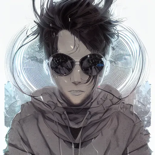 Image similar to by kyoto animation, techwear occultist, chaos magick, leviathan cross, androgynous, beautiful, detailed symmetrical close up portrait looking like ryan reynolds, intricate complexity, in the style of artgerm and ilya kuvshinov, cel shaded