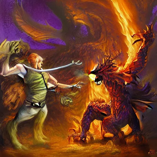 Prompt: ginger man in a purple t-shirt fights a fire breathing dragon in a room filled with dragon eggs, painted, by Chris Rahn, high fantasy