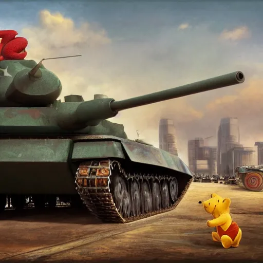 Image similar to screaming winnie the pooh having a tantrum in front of chinese type 5 9 battletank at tiananman square, dystopian, highly detailed, photorealistic, octane render, 8 k, unreal engine. art by artgerm and greg rutkowski and alphonse mucha