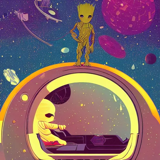 Prompt: baby groot lies flat in the space ship, by victo ngai