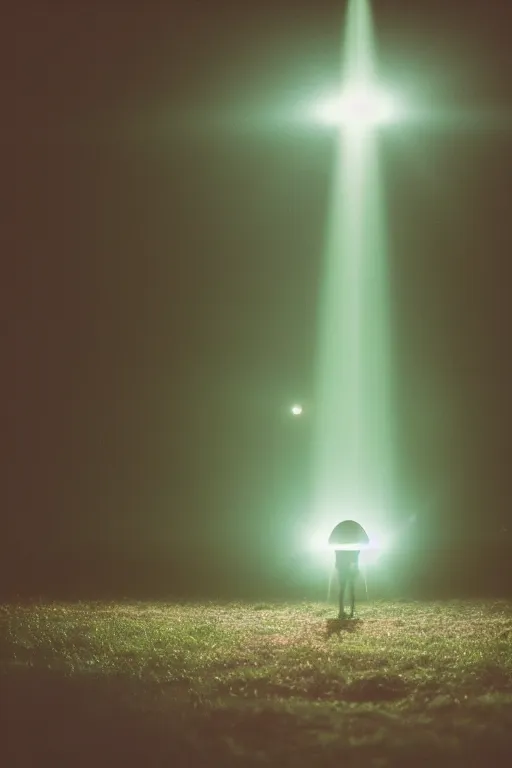 Prompt: agfa vista 4 0 0 photograph of a alien spaceship abducting a person, lens flare, back view, moody lighting, moody vibe, telephoto, 9 0 s vibe, grain, vintage, tranquil, calm, faded