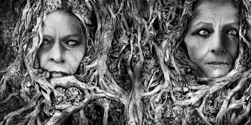 Image similar to photography of old ugly witch with rotten face monster living in a root cave, edelweiss growing from her head, forest, dolomites, alpine, detailed intricate insanely detailed octane render, 8k artistic 1920s photography, photorealistic, black and white, chiaroscuro, hd, by David Cronenberg, Raphael, Caravaggio