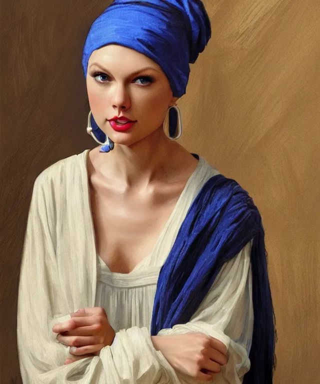 Image similar to Taylor Swift as the girl with the pearl earring, highly detailed, digital painting, artstation, concept art, smooth, sharp focus, illustration, ArtStation, art by artgerm and greg rutkowski and alphonse mucha and J. C. Leyendecker and Edmund Blair Leighton and Katsuhiro Otomo and Geof Darrow and Phil hale and Ashley wood and Ilya repin and Charlie Bowater