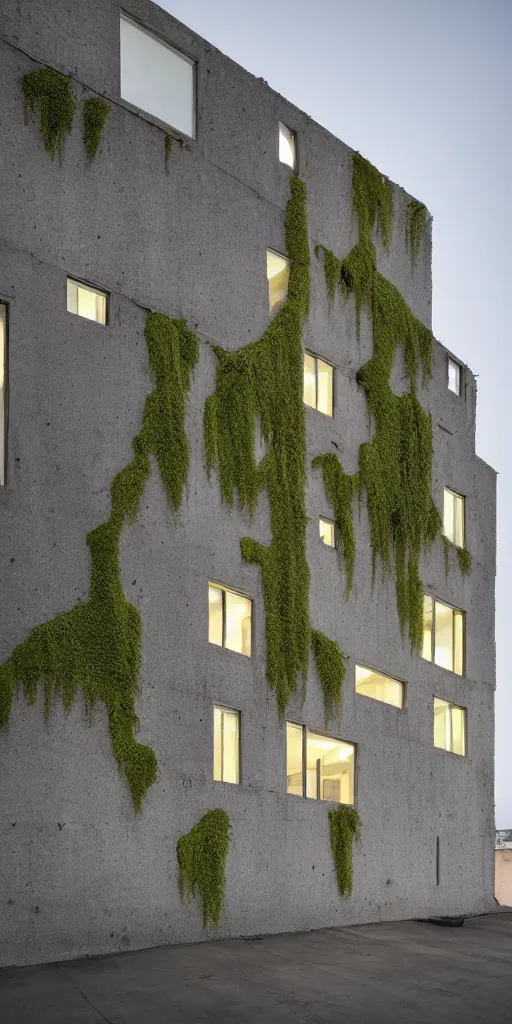 Prompt: a night photo of a multistory minimalist contemporary house with large, bright windows full of people. The mossy and weathered concrete has been eroded by wind and water like the Grand Canyon. The concrete looks like Geological strata of rust and sand colors. The erosion has created thousands of small cracks and holes filled with moss. Megascans, 8k, unreal engine 5.