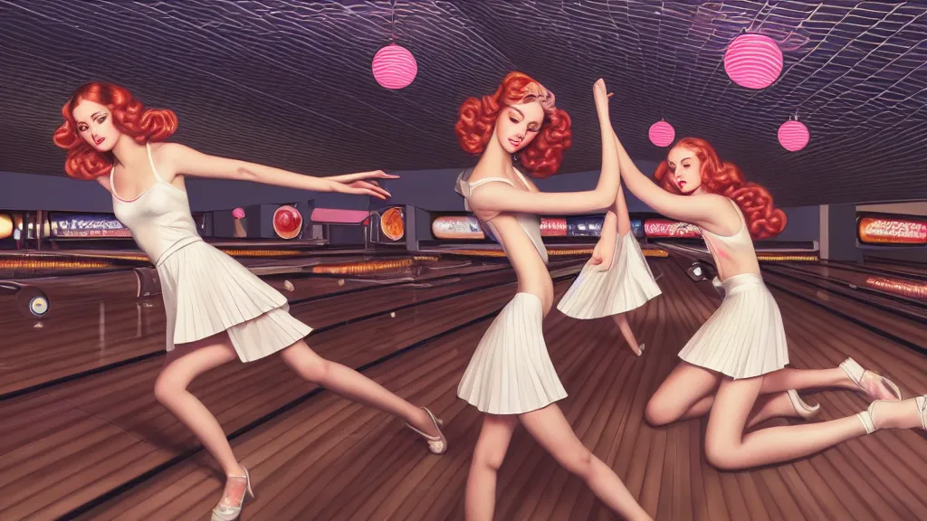 Image similar to photo of cute girls bowling, art deco bowling alley, ultra detail, photoreal, professionally retouched, soft moonlight lighting, shiny plastic miniskirt, realistic, smooth face, goddess, luscious lips, perfect eyes, wide angle, sharp focus on eyes, 8 k high definition, insanely detailed, intricate, elegant, art by artgerm and wlop