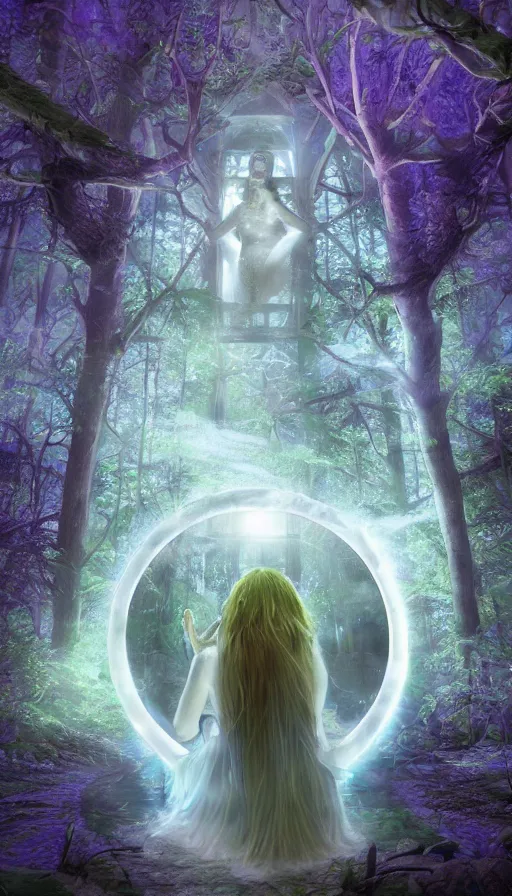 Prompt: goddess of illusion, beautiful, stunning, breathtaking, mirrors, glass, magic circle, magic doorway, fantasy, mist, bioluminescence, hyper - realistic, unreal engine, by raymond briggs