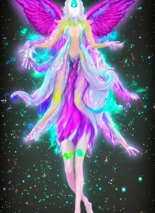 Image similar to a suited angel spirit being, covered with pastel glitter glue slime, fashion model pose, full body maximalist cosmic eldritch character design, early computer graphics