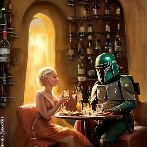 Image similar to Boba Fett and a beautiful young blonde drinking beer in a wine cellar, food, meat, schnapps, torches on the wall, romantic, inviting, cozy, painting by Vladimir Volegov