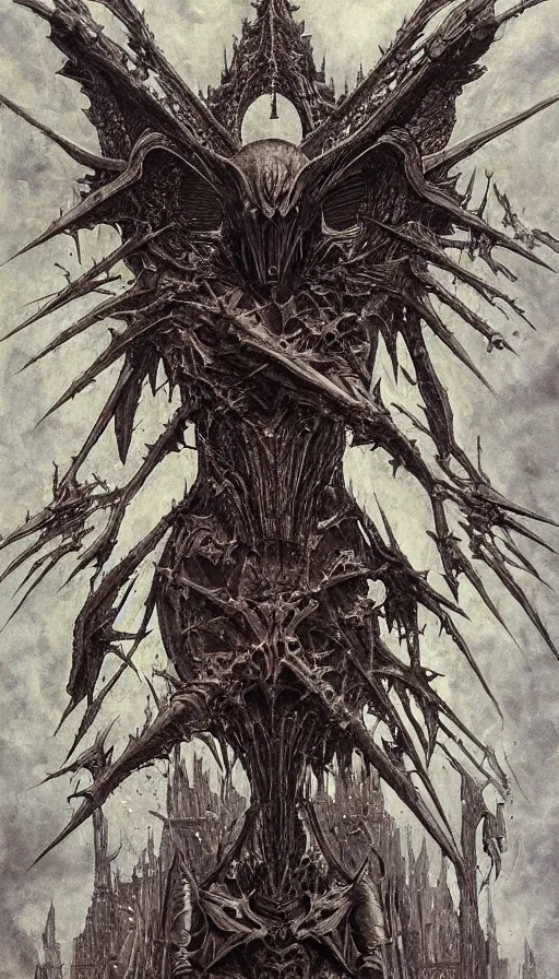 Image similar to Morningstar themed painting of symmetrical torso Satan's infernal armor anatomy with batlike wings and extended evil hands concept, intricate artwork by H.R. Giger, Johnatan Wayshak, Zdizslaw Beksinski, Ayami Kojima, Amano, Karol Bak, Moebius, and Mark Brooks, Neo-Gothic, gothic, rich deep colors, art by Takato Yamamoto, masterpiece, face by Artgerm, very coherent artwork, cinematic, hyper realism, high detail, octane render, unreal engine, 8k, High contrast, golden ratio, trending on cgsociety