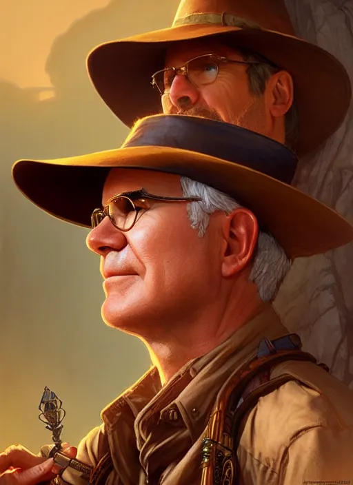 Image similar to steve martin as indiana jones, d & d, fantasy, intricate, elegant, highly detailed, digital painting, artstation, concept art, matte, sharp focus, illustration, hearthstone, art by artgerm and greg rutkowski and alphonse mucha