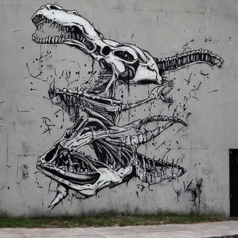 Image similar to Street-art painting of cute crocodile-skeleton in style of Banksy, comic character, cute skeleton, cartoon style, photorealism