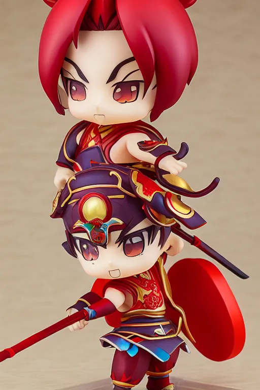 Image similar to arty chinese mythology ne zha nendoroid full body hyperdetalied, hero pose, osamu tezuka, macoto takahashi, chibi, q posket, 8 k realistic, 3 d, cryengine, exquisite, red cloth around his shoulders, hold spear, ne zha ( 2 0 1 9 ), fenghua zhong,