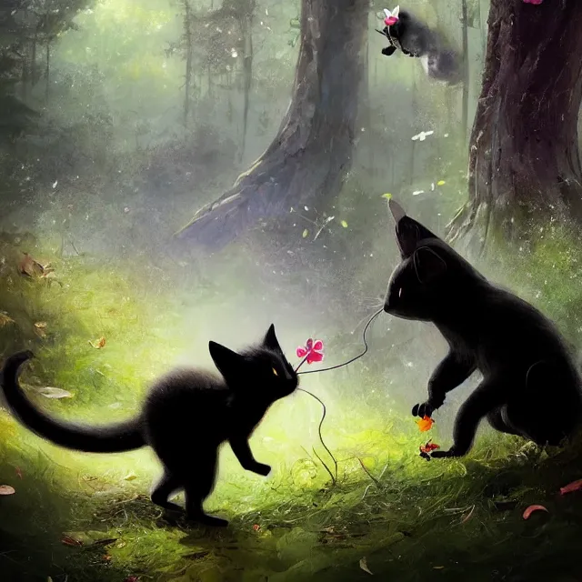 Image similar to a beautiful painting of a cute black kitten catching a mouse in a forest. disney character design by cory loftis, fenghua zhong, ryohei hase, ismail inceoglu and ruan jia. artstation, volumetric light, detailed, photorealistic, rendered in octane