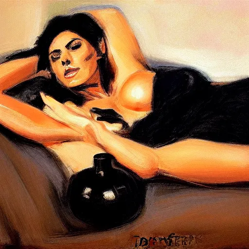 Prompt: a dark haired woman wearing a black dress, on a bed. by fabian perez