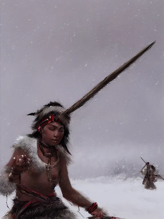 Prompt: an ultradetailed beautiful portrait painting of an female tribe native spear hunting in an arctic snow storm, side view, oil painting, high resolution, by ilya kuvshinov, greg rutkowski and makoto shinkai