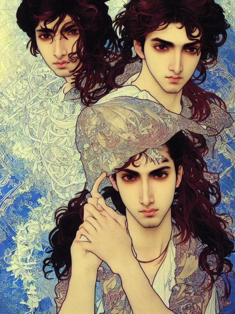 Image similar to beautiful medium shot portrait of a young arabic man inspired by ayami kojima with short hair dressed with a white t - shirt looking into the camera from three - quarters, white background white bank studio light, art by yoshitaka amano, alfons mucha and shingo tamagawa, 8 k