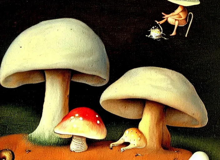 Image similar to a painting of a cute creature sitting next to a mushroom, detailed, realistic, in style of hieronymus bosch