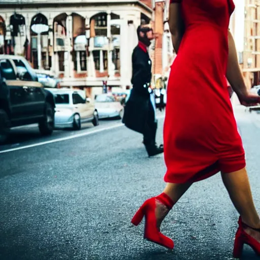 Prompt: a person is walking down the street. They have a beard and a red dress