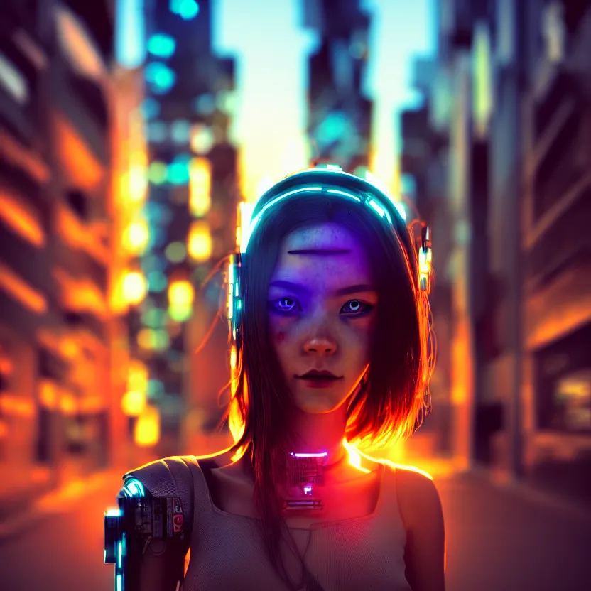 Image similar to a photo close up cyberpunk cyborg girl stands in a cyberpunk hiroshima, prefecture streets, sunset, photorealistic, cinematic lighting, very detailed, style by tomino - sama