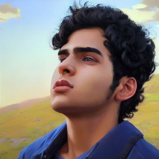 Prompt: oil painting by ilya kuvshinov, baugh casey, rhads, coby whitmore, of a youthful persian - indian college student, male, handsome, curly black hair, outdoors, highly detailed, breathtaking face, studio photography, dawn, intense subsurface scattering, blush, supple look, innocence, intense sunlight