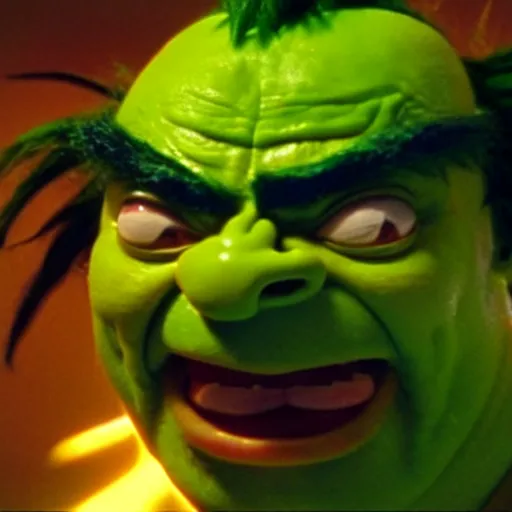 Image similar to mr. bean as blanka from the streetfighter movie. movie still. cinematic lighting.