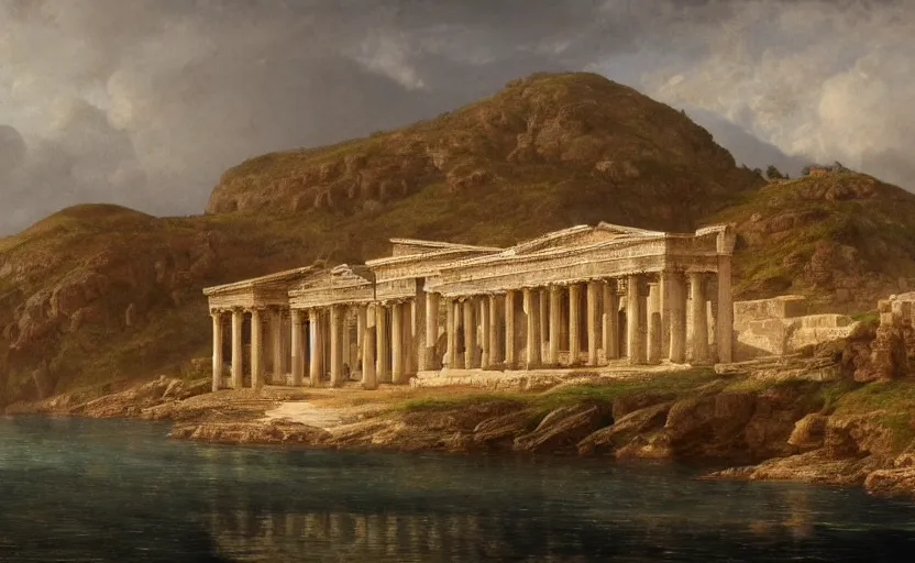 Image similar to large roman temple on a hill overlooking the ocean, close up shot, at dusk, distant mountains, 4k, rule of thirds, extreme detail, hazy water, intricate ink illustration, trending on artstation, cgsociety, hd, calm, complimentary colours, realistic lighting, by Albert Bierstadt, Frederic Edwin Church.