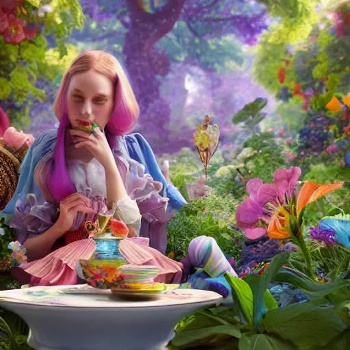 Image similar to alice in wonderland, art nouveau, by rachel ruysch and lisa frank, 8 k, sharp focus, octane render