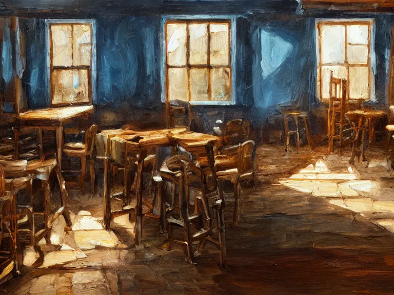 Image similar to expressive rustic oil painting, interior view of an weary old tavern, tables and chairs, bottles of liquor, accents of blue light, light bloom, dust, ambient occlusion, morning, rays of light coming through windows, dim lighting, brush strokes oil painting