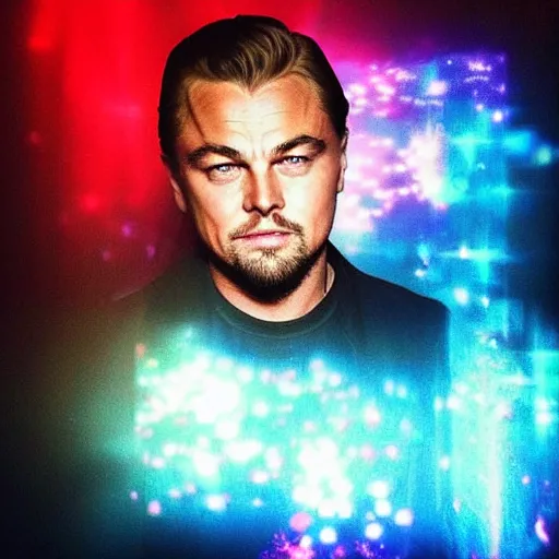 Image similar to “Leonardo DiCaprio, beautiful, Magic FX, red blue colors, lights, bokeh, highly detailed portrait, photorealistic, ultra detailed”