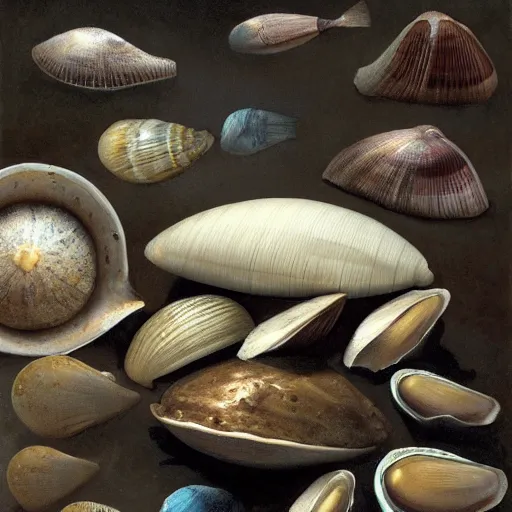 Image similar to bivalve, sea shell, mystery of the deep, quahogs. greg rutkowski, gustavo dore, national geographic, spiral, mollusc