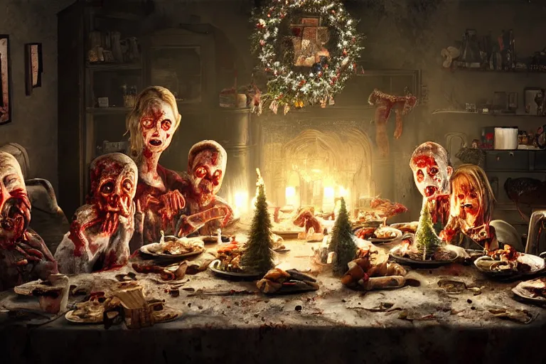 Image similar to a zombie family christmas dinner, hyper realistic, ambient lighting, concept art, intricate, hyper detailed, smooth, dynamic volumetric lighting, octane, cinematic