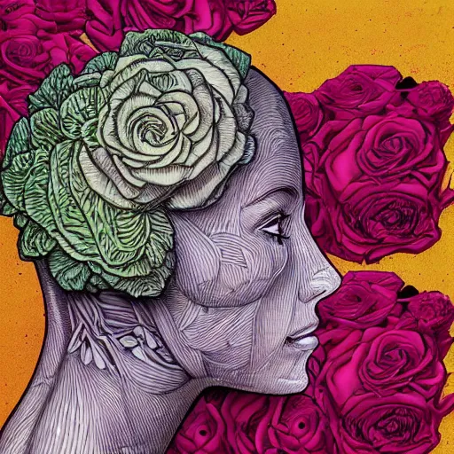 Image similar to the anatomy of a head of lettuce with roses that resemble a beautiful young woman of color looking up, an ultrafine detailed illustration by james jean, intricate linework, bright colors, final fantasy, behance contest winner, vanitas, angular, altermodern, unreal engine 5 highly rendered, global illumination, radiant light, detailed and intricate environment