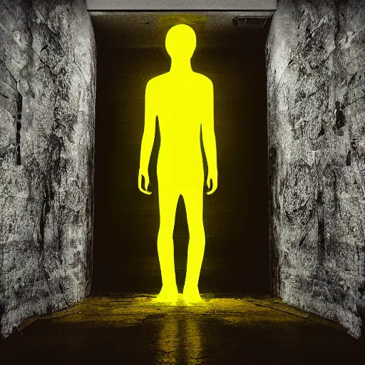 Prompt: man in a luminous yellow [ liminal space ]!!, 4 k photorealism, horror - esque, eerie atmosphere, dark - bright lighting