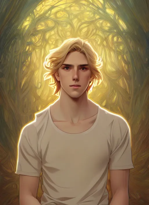 Image similar to pretty young man with shoulder length shiny shimmering golden blond hair, half body shot, path traced, highly detailed, high quality, digital painting, by studio ghibli and alphonse mucha, leesha hannigan, hidari, disney