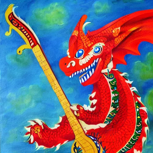 Image similar to russian dragon playing balalika guitar, childrens painting ,