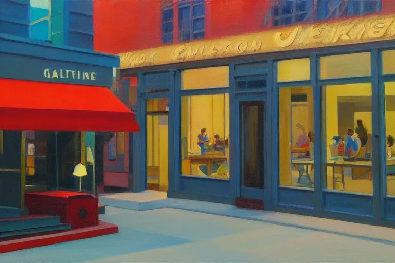 Image similar to a 7 0 s art gallery exhibition, colors americana, cinematic, volumetric lighting, ultra wide angle view, realistic, detailed painting in the style of edward hopper