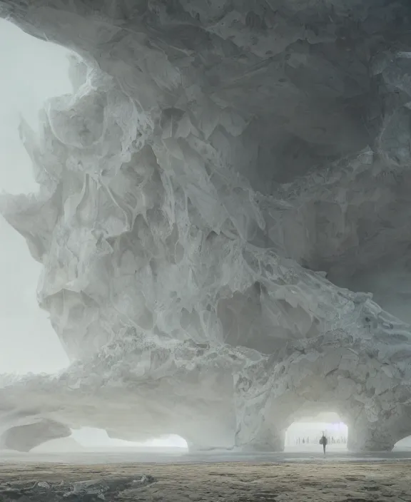 Image similar to surreal epic, masterpiece, romantic white exploration base, ancient ochre palette, impossible architecture by ruan jia, mecha floor, futuristic, blame, white architecture in the beach in iceland, foggy, highly detailed, digital painting, arstation, concept art, hyperealistic octane render, unreal engine