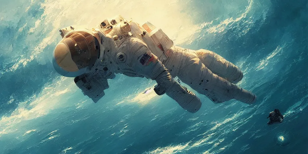 Image similar to an astronaut lost in the ocean,digital art,detailed,ultra realistic,art by greg rutkowski