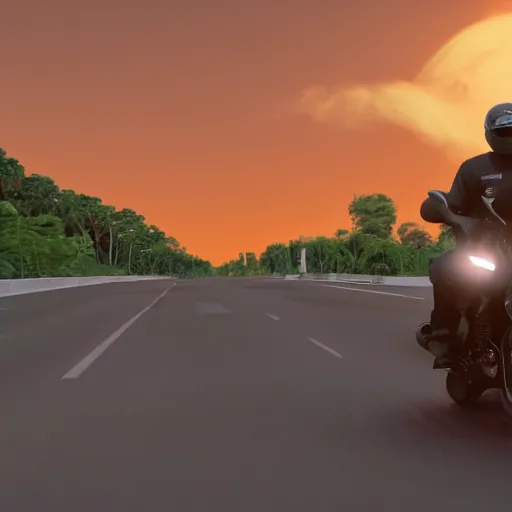Prompt: a photo of jair messias bolsonaro driving a motorcycle in direction of a sunset, unreal engine 5, 4 k
